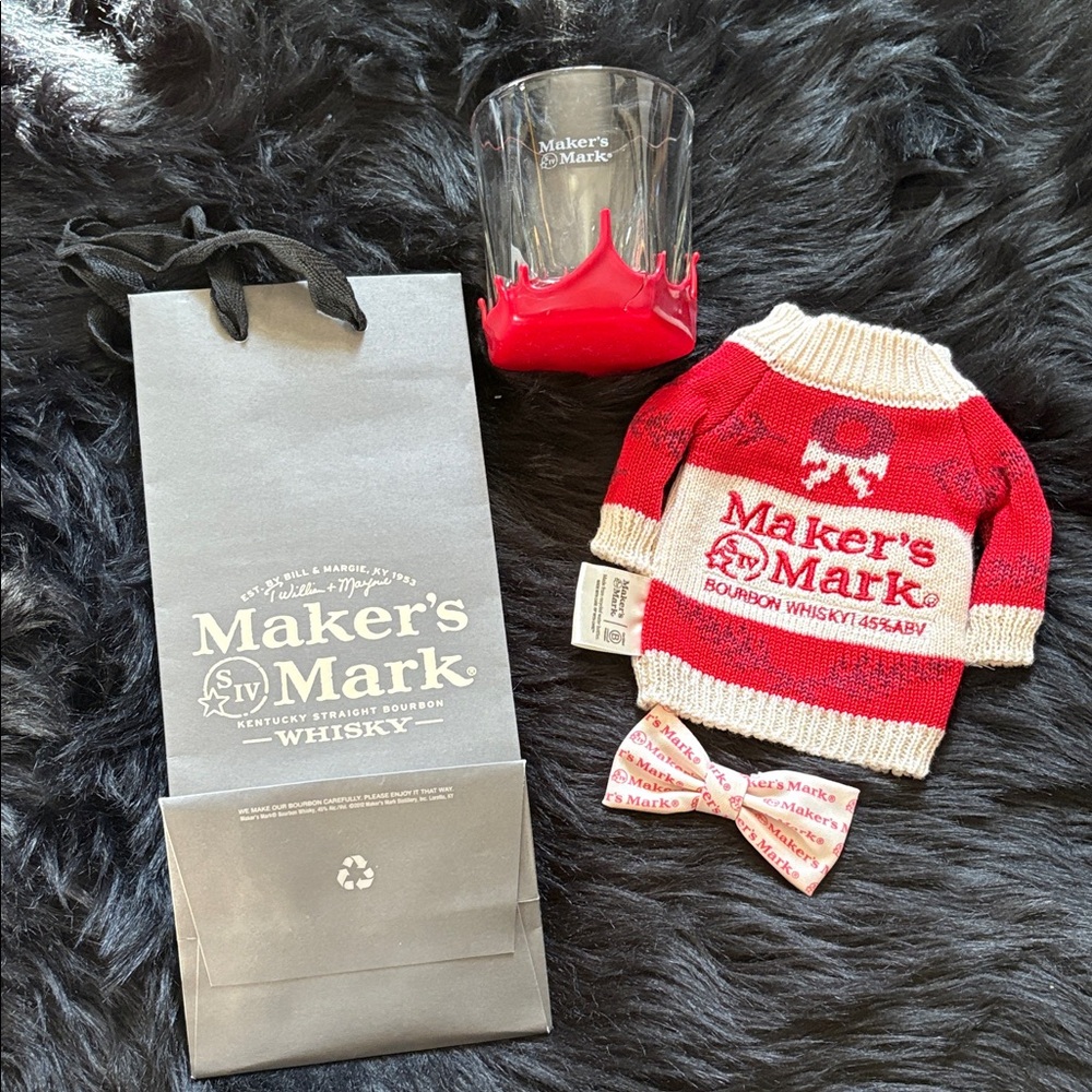 Maker’s Mark bundle w/wax dipped bourbon glass, bottle bow tie & sweater & bag
